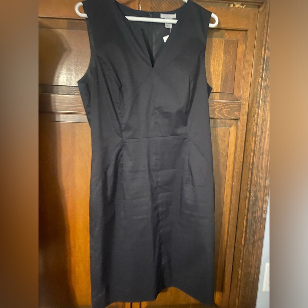 Black zip up, sleeveless dress with v dip
